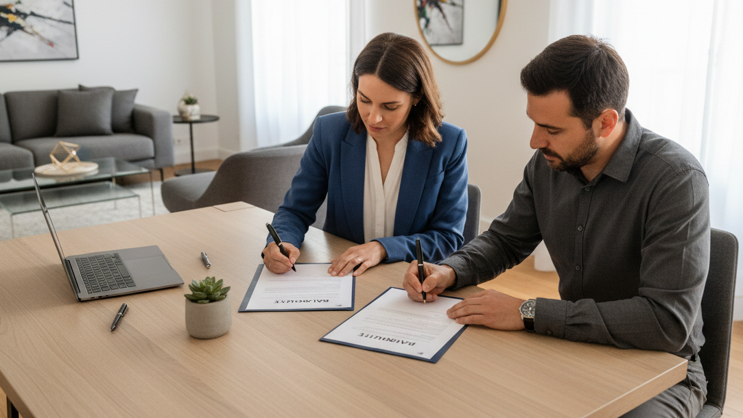 image d'un professionnel et un proporiatire pour signier une fiche de bail mobilité dans une appartement bien organisez