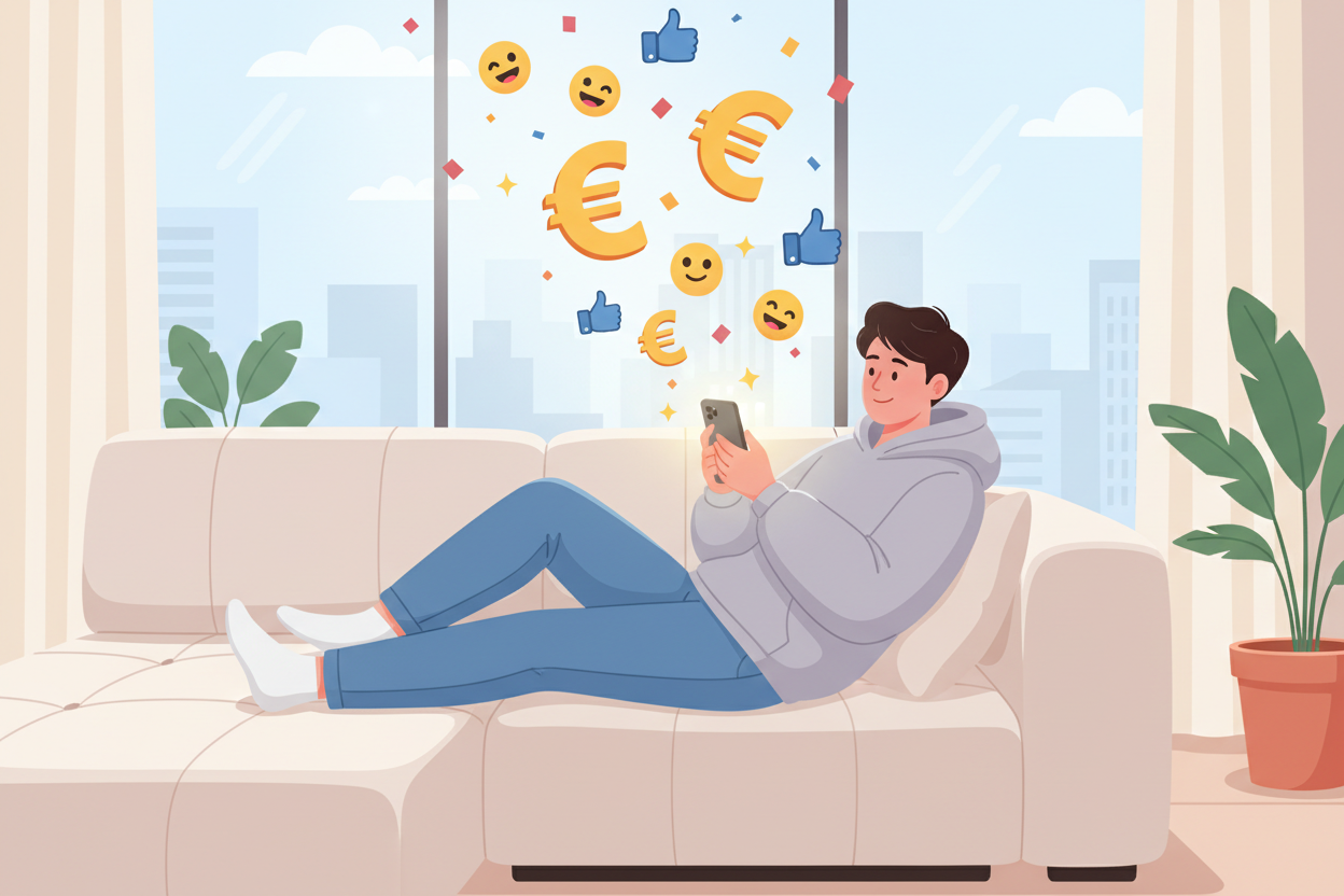 inspirer de l'image precedante, que t'a generer fait l inverse, et genere une personne relaxer avec des sur son telephone et les émogie pop up de son telephone avec le signe de euro