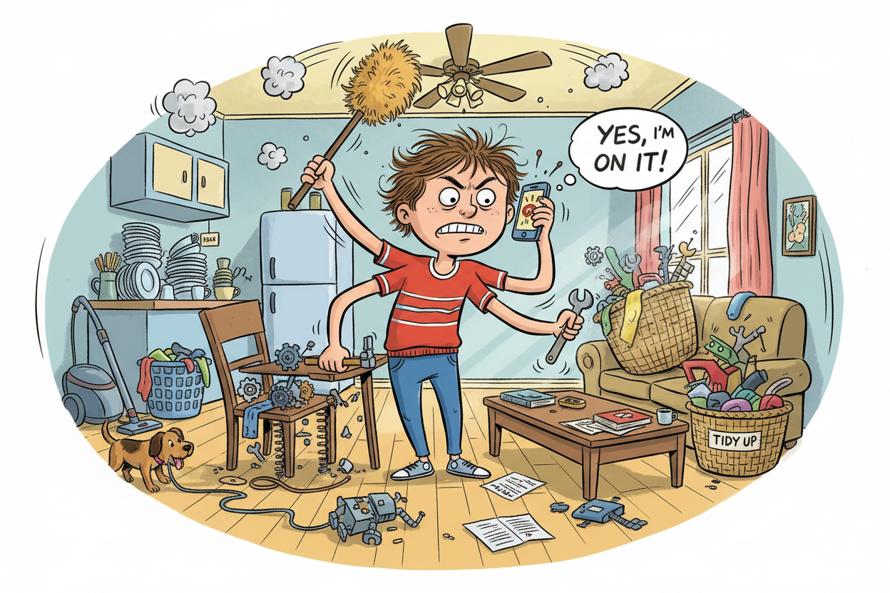 quelqun overwealmed, doing alot of house thing at the same time with mutiple hands ; cleaning fixing brocken items, and answering the phone, the image is better not to be realist, better to use a cartoon art