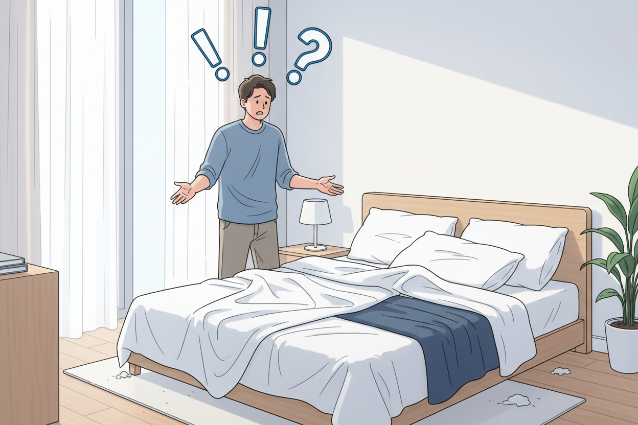 une personne pace a un linge mal fait ave des points exclamation et interogation au de su de la tele