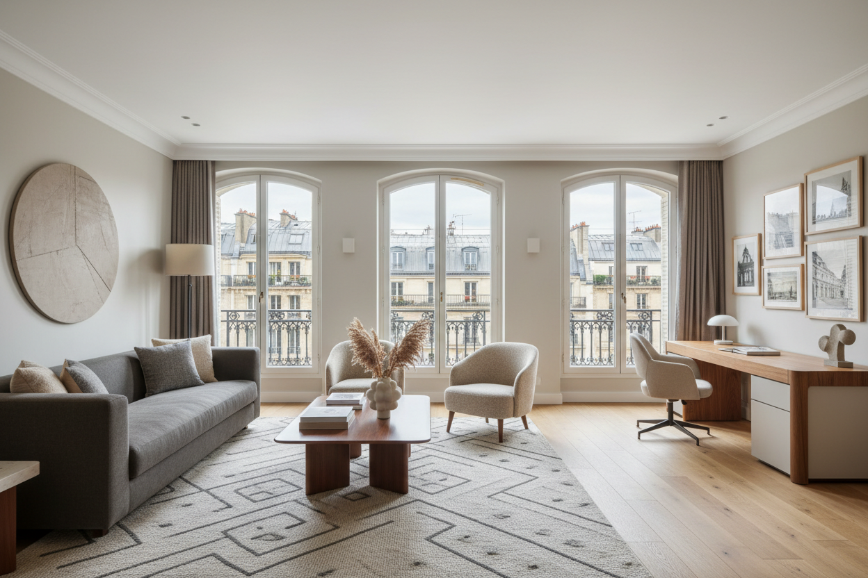 High-quality editorial photo showing a stylish furnished apartment in Paris, combining comfort and professionalism. Subtle visual balance between home-like warmth and business efficiency. View of Paris rooftops or Haussmann facades through the window. Clean, modern, realistic, real estate investment mood, no text, no people.