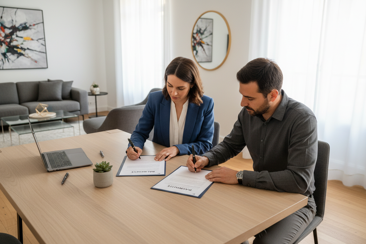 image d'un professionnel et un proporiatire pour signier une fiche de bail mobilité dans une appartement bien organisez  