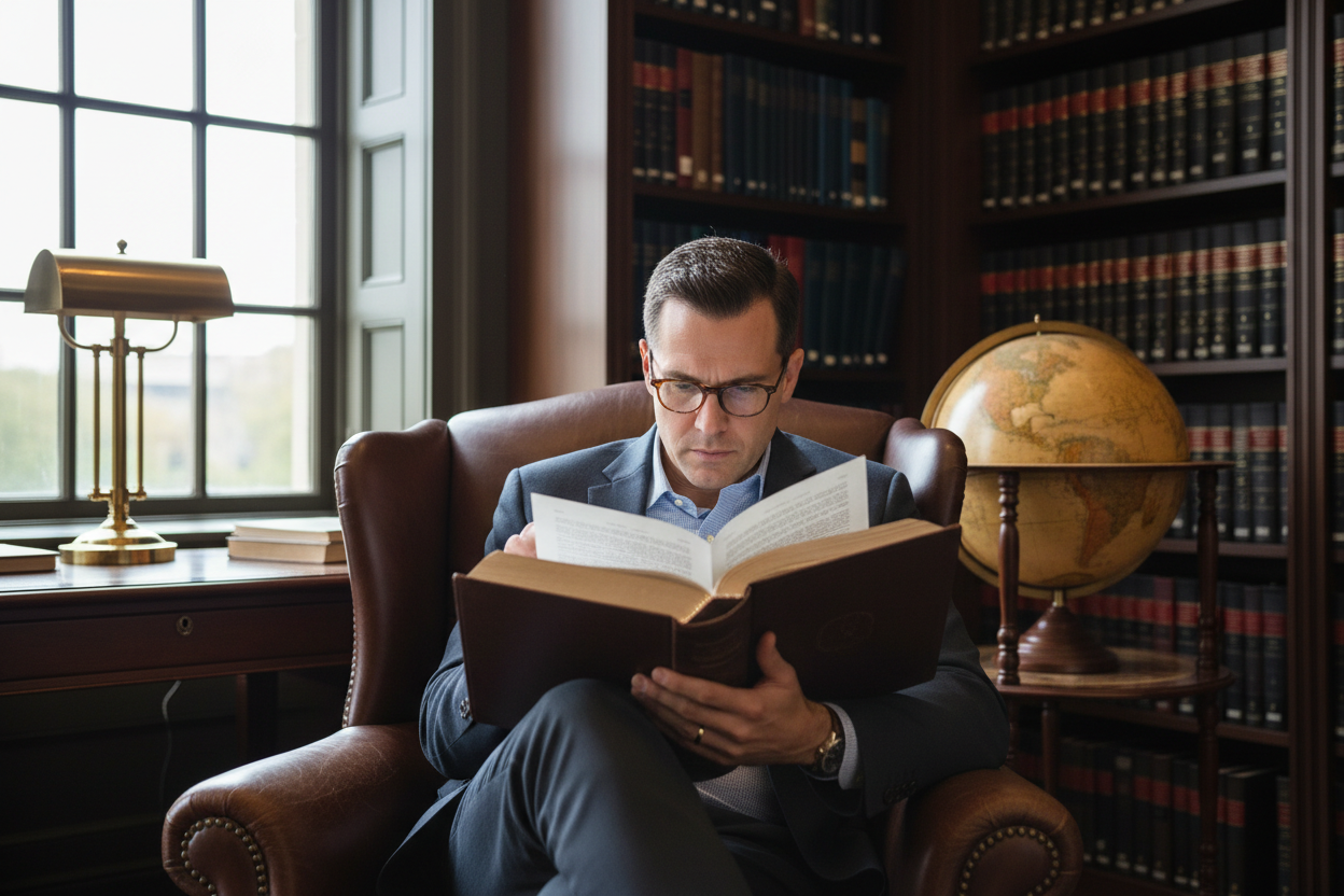 une personne portant dans ces main le code de la loi aissi sur un une chaise en lisant attentivemnt le texte, 