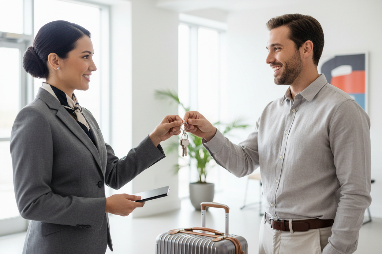 une personne professionel passe les clés d'une maison en Airbnb a un une autre personne les visage souriant et une valise en arrière plan de la personne qui recoit les clés 