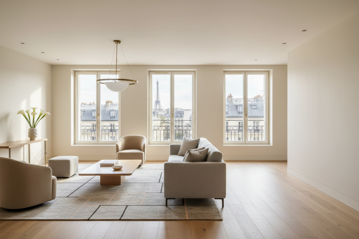 Vue élégante et lumineuse d’un appartement parisien haut de gamme, intérieur moderne et épuré, grandes fenêtres avec vue sur les toits de Paris ou la Tour Eiffel en arrière-plan flou, ambiance professionnelle et rassurante, style conciergerie Airbnb premium, couleurs neutres et chaleureuses, lumière naturelle, espace dégagé sur un côté pour intégrer un texte en overlay, rendu réaliste, haute résolution, sans personnes.